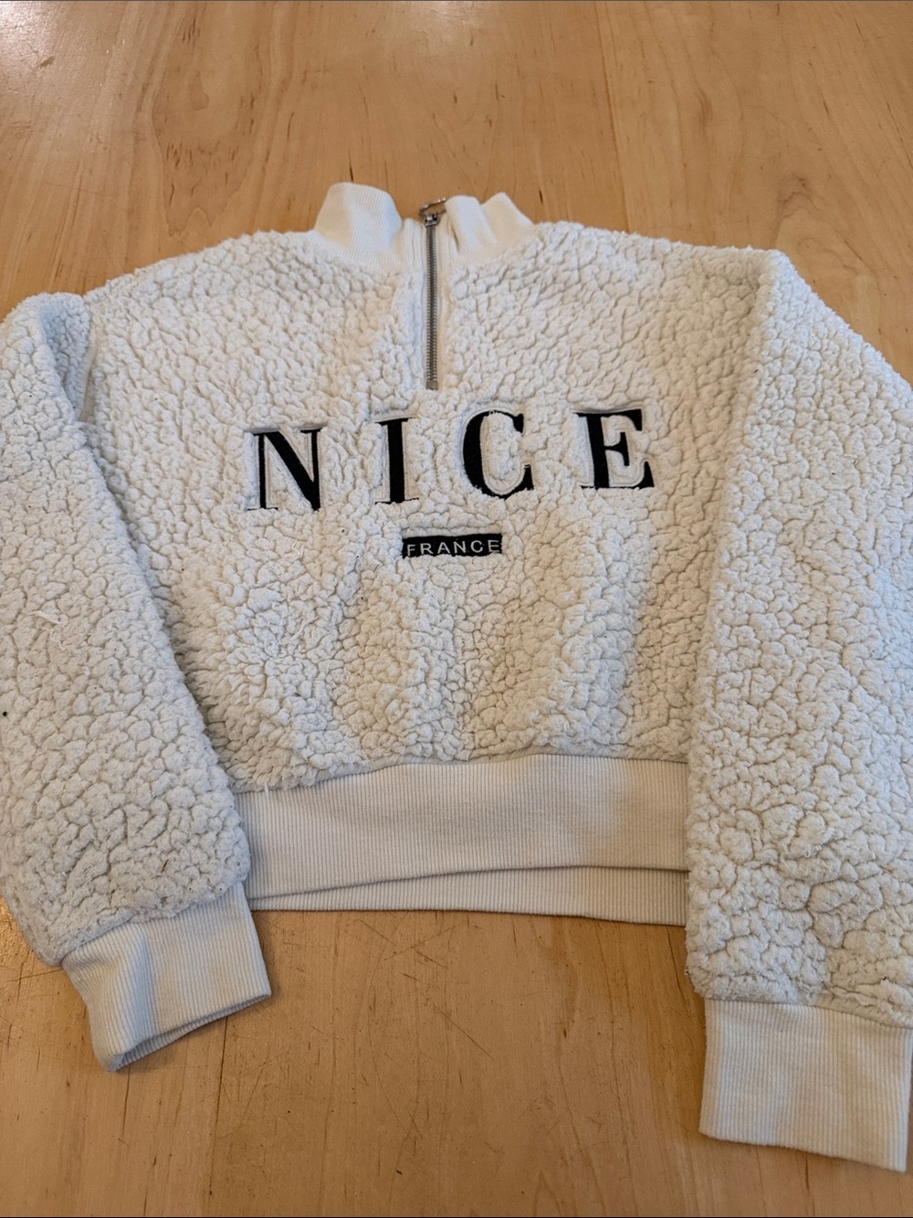 H&M Cream Sherpa Half-Zip Pullover with Black 'NICE' Embroidery
